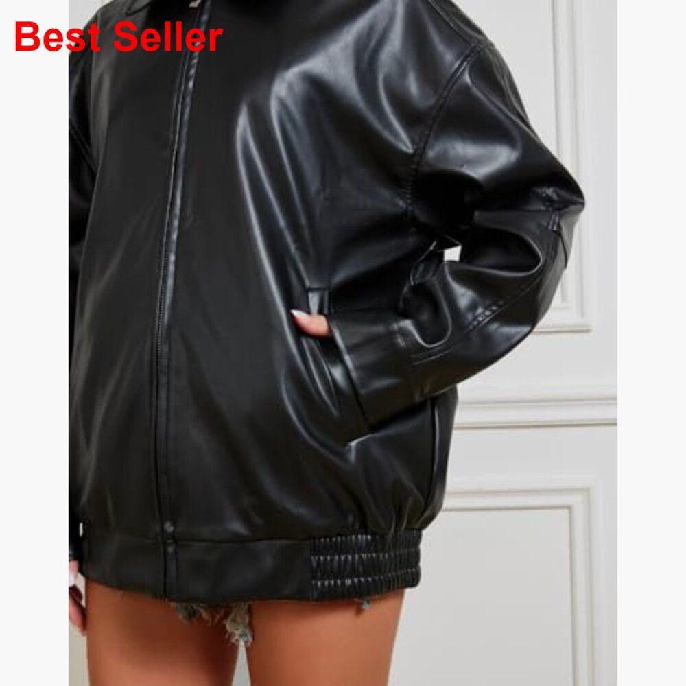 Oversized Faux Leather Jacket Women Motorcycle Coat Fall Winter - Picture 5 of 7